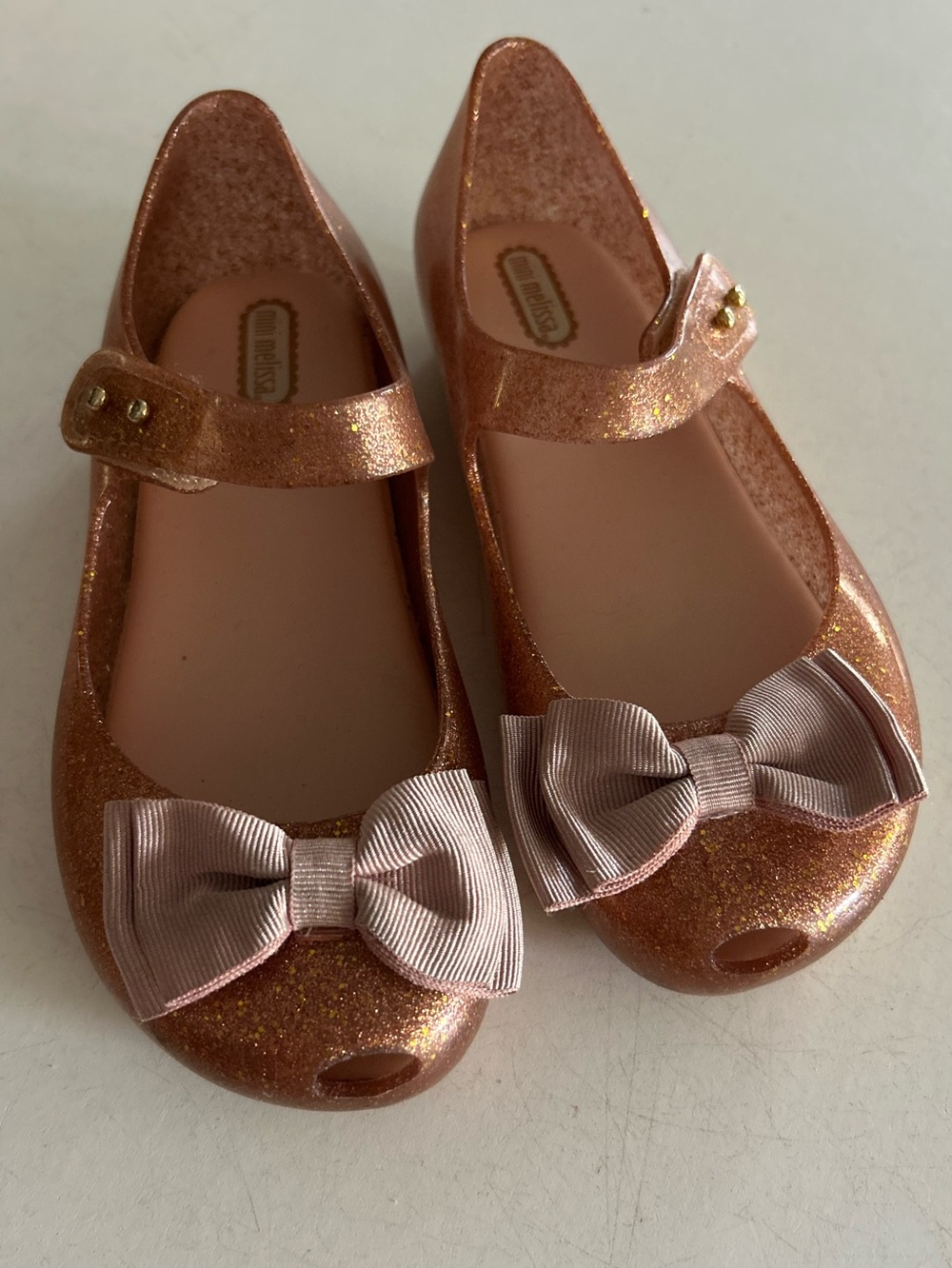 Mini Melissa Girls Mary Jane Bow Shoes - Pink/Gold Glitter